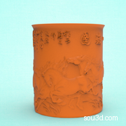 八骏图浮雕笔筒