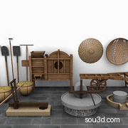 0753C4D FBX STL SKP农具斗笠独轮车铲子钉耙石磨打谷机模型素材