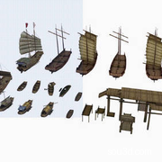 中式老旧木船小船码头帆船乌篷船三维3D模型