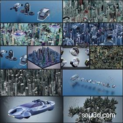 科幻城市楼房汽车低精度3D模型Futuristic LowPoly Cities with Flying Cars