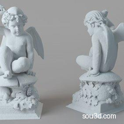 坐在蘑菇上的长翅膀的小天使雕塑C4D模型 Puck