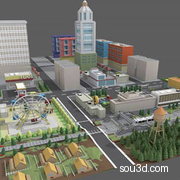 低面卡通城市摩天轮楼房天桥水塔马路三维模型