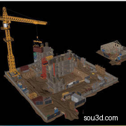 地面卡通建筑工地材料塔吊工程车工具三维模型