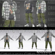 MD CLO3D男士格子衫外套T桖军绿休闲裤服装3D模型打版基础源文件