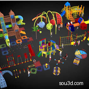 0725C4D FBX STL儿童乐园游乐设施公园滑梯沙堆城堡健身锻炼设备模型