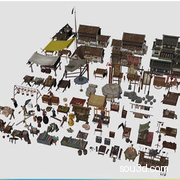0487C4D FBX低面卡通中国古建筑房屋游戏集市摊位商贩马拉车鸟笼模型