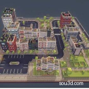 卡通城市游戏资产建筑道路景观植物