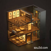 0295C4D FBX OBJ微缩场景楼房展厅会议室讲台椅子图书馆黑板三维模型